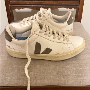Veja Cream and Tan Casual Sneakers- green suede